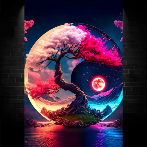 Tree and Red Moon, Nature, [N-0004] 